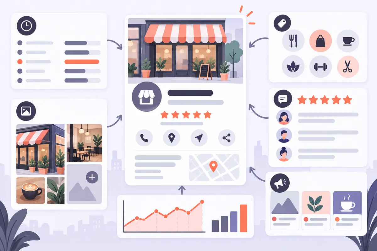 Illustration d'une fiche Google Business Profile complète : horaires, catégories, photos, avis et publications