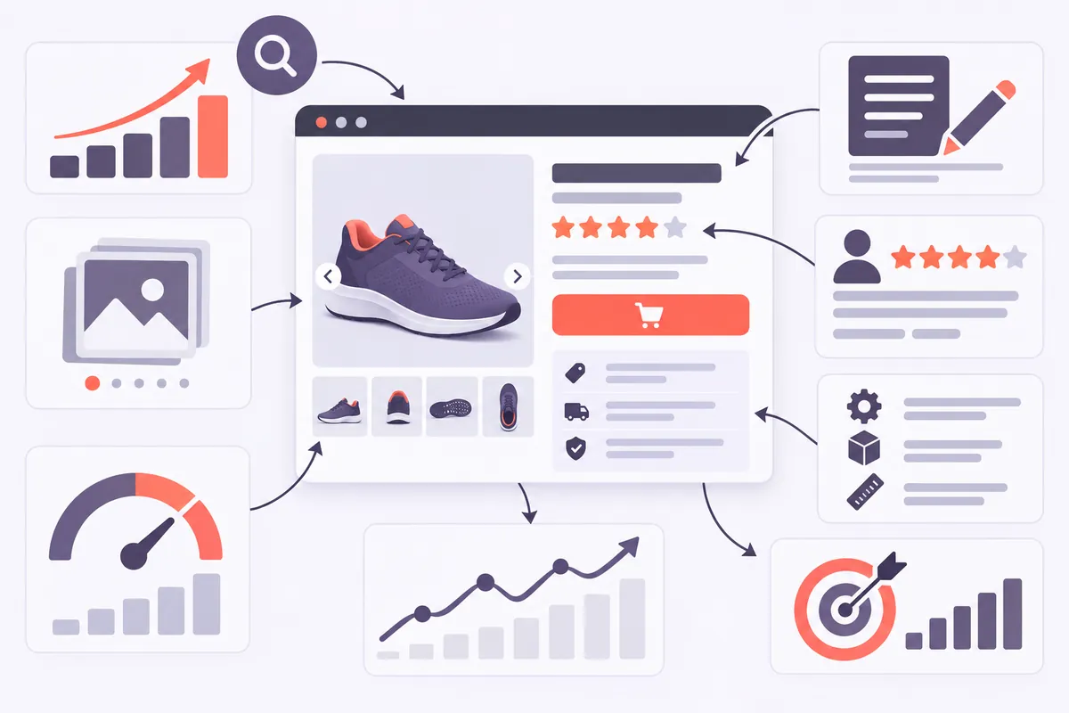 Schéma d'une fiche produit optimisée pour le SEO : titre, photos, description unique, avis, caractéristiques