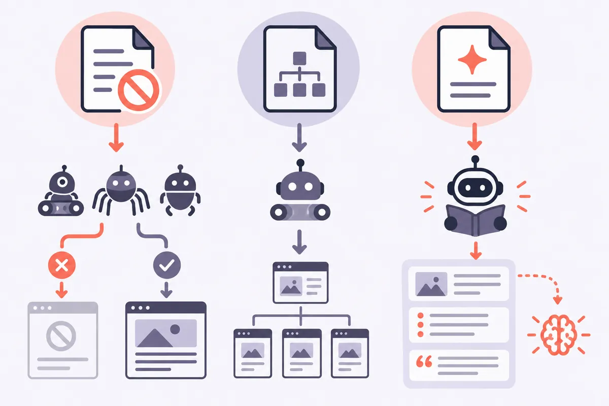 Infographie comparant les rôles du fichier llms.txt, du robots.txt et du sitemap.xml