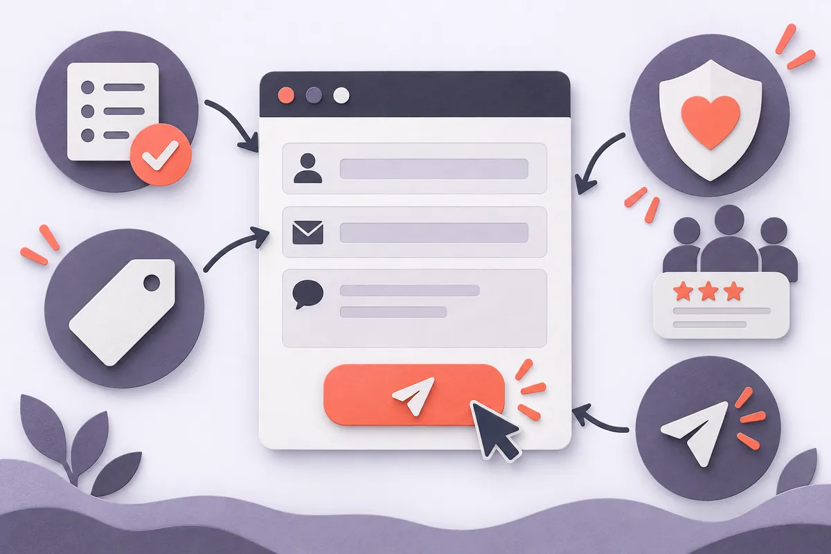 Infographie des bonnes pratiques d'un formulaire de contact : champs utiles, libellés clairs, réassurance, bouton explicite