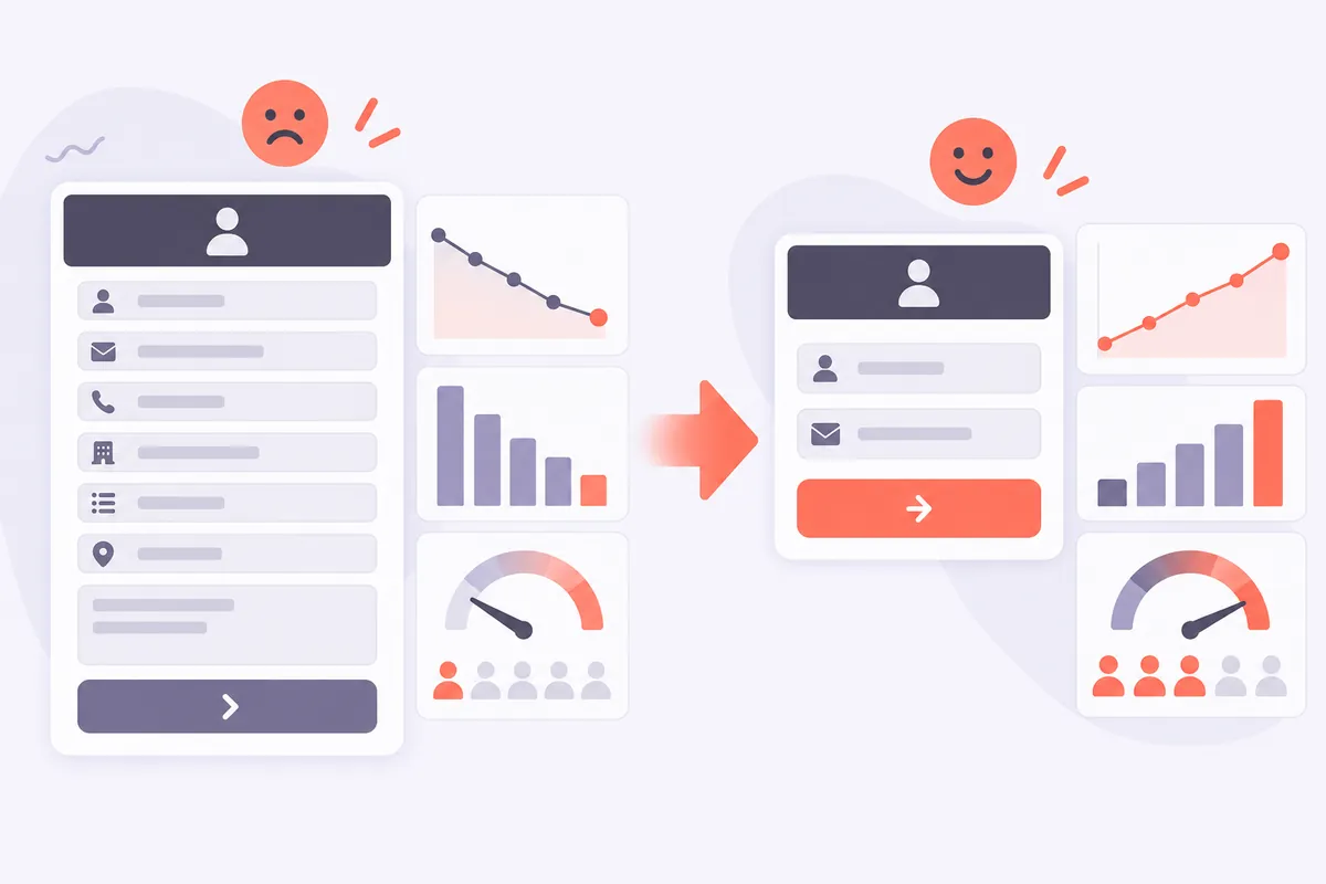 Illustration comparant un formulaire de contact long et un formulaire court plus efficace