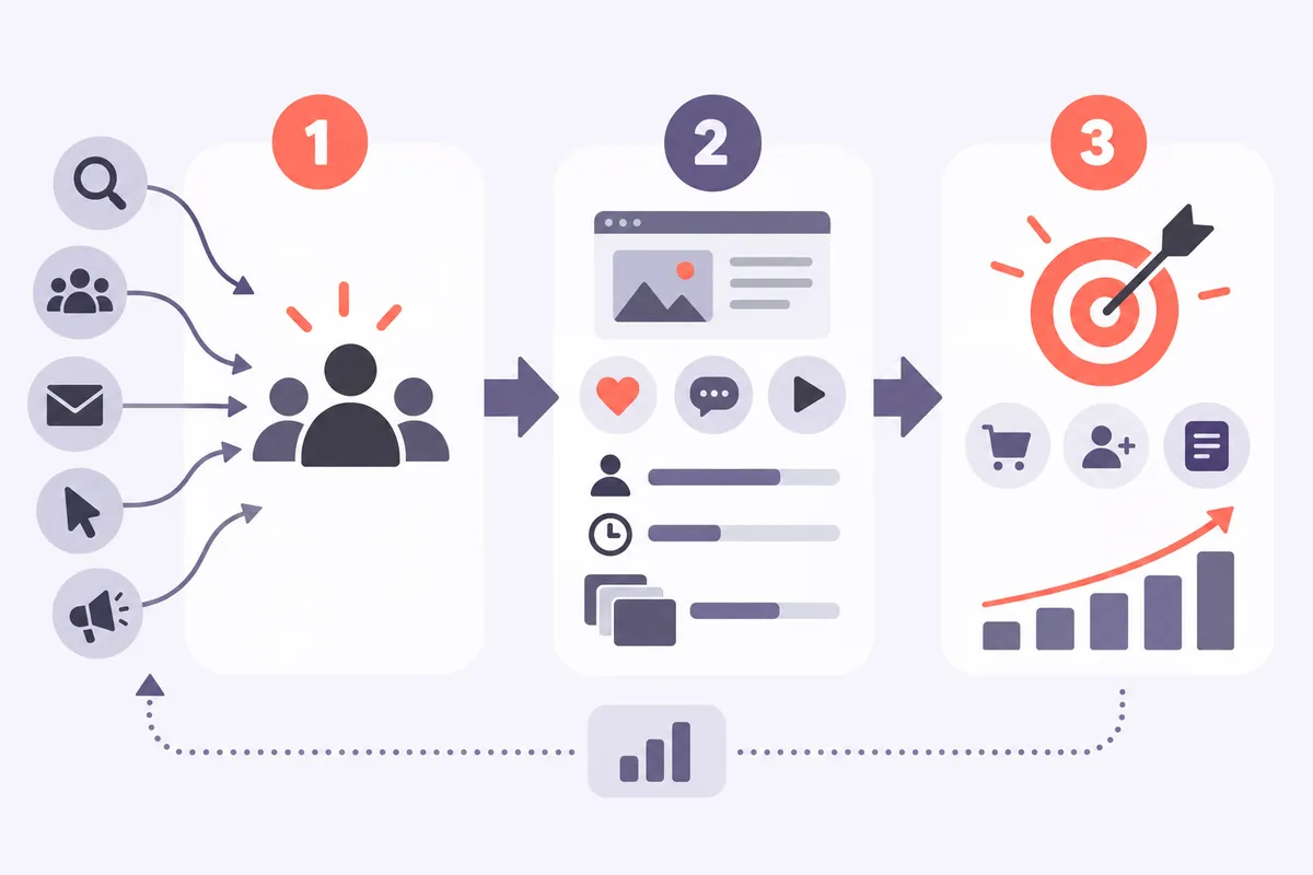 Illustration des rapports essentiels de GA4 : acquisition, engagement, conversions