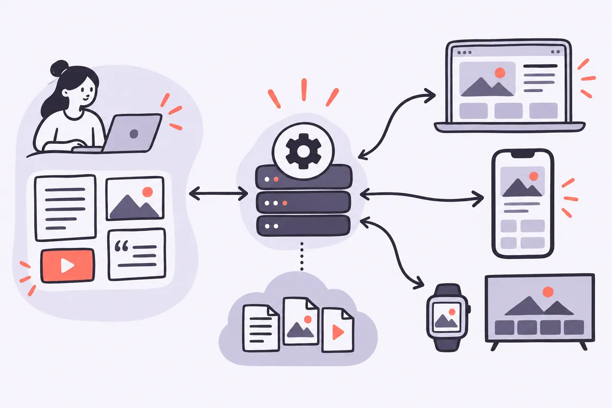 Schéma d'une architecture headless CMS : gestion de contenu séparée, API, affichage sur site et application