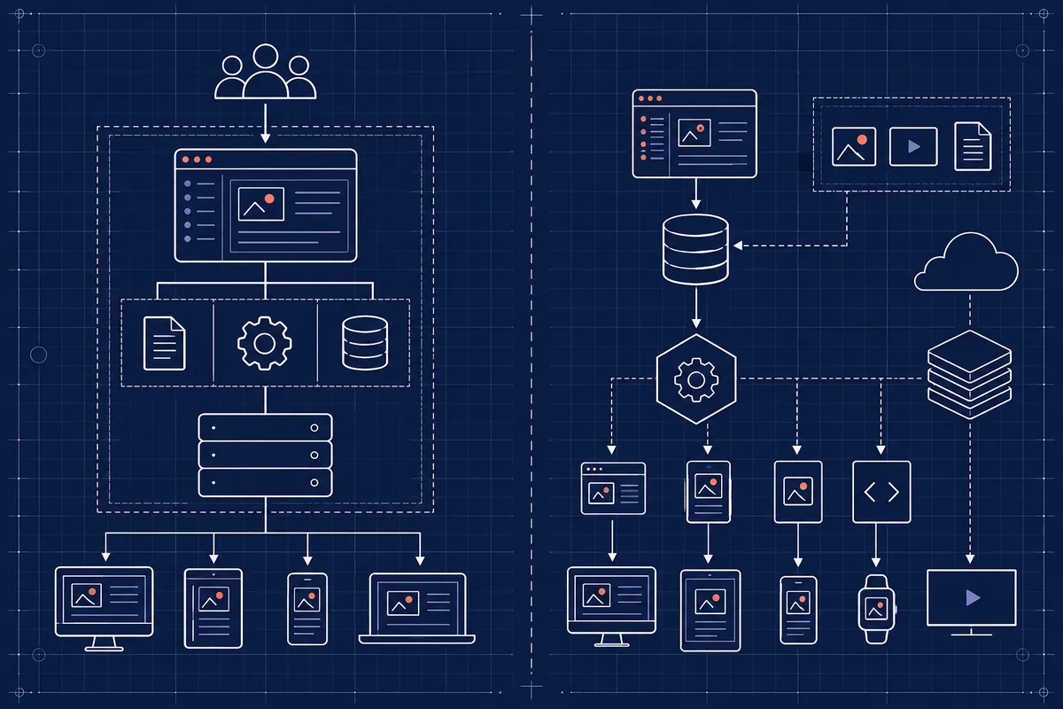 Illustration comparant un CMS classique monolithique et une architecture Jamstack découplée