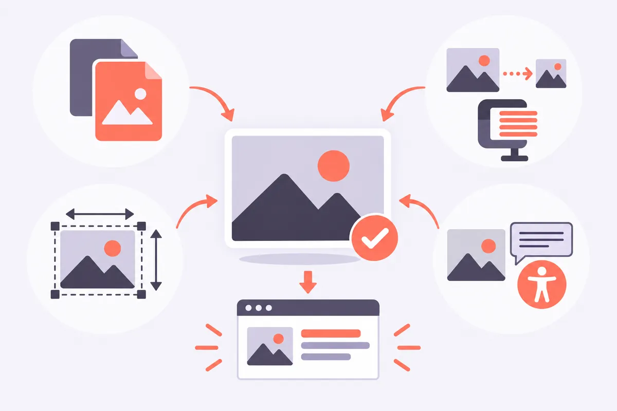 Infographie de l'optimisation des images pour le SEO : format WebP, compression, dimensions, attribut alt