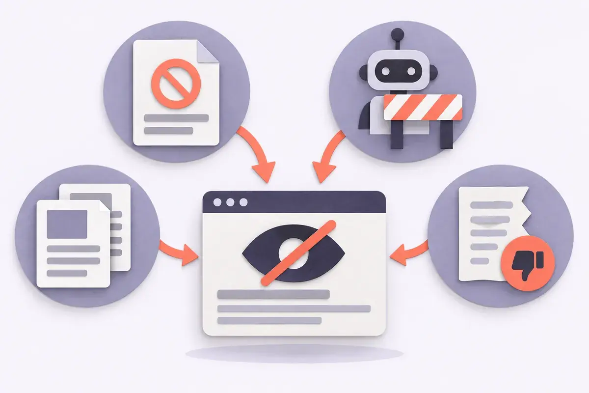 Infographie des causes de problèmes d'indexation Google : balise noindex, blocage robots.txt, contenu dupliqué, qualité faible