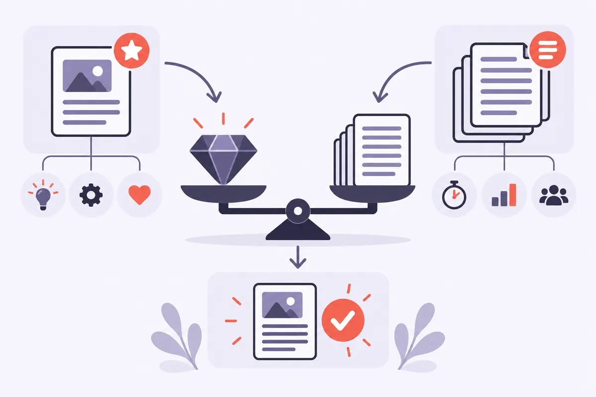 Illustration d'une balance entre qualité du contenu et nombre de mots d'un article
