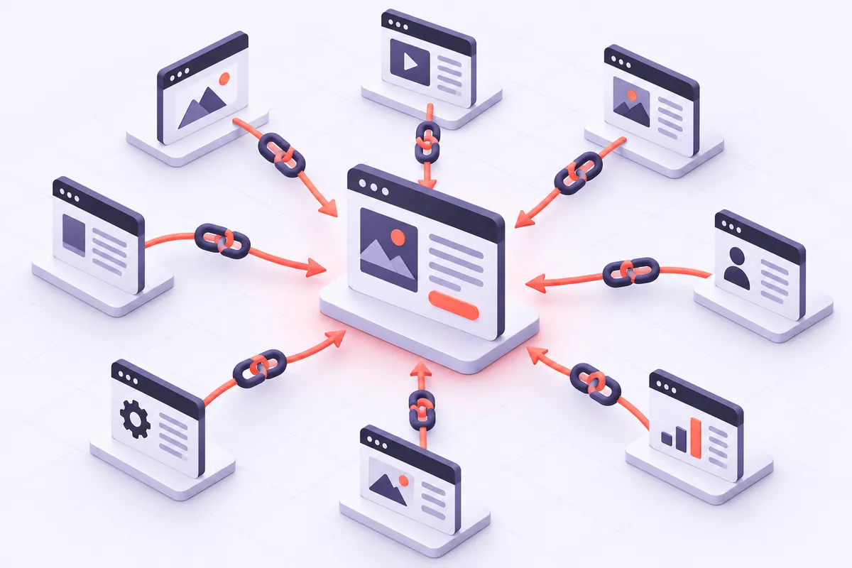 Illustration d'un réseau de sites reliés par des liens entrants vers un site central, principe du netlinking