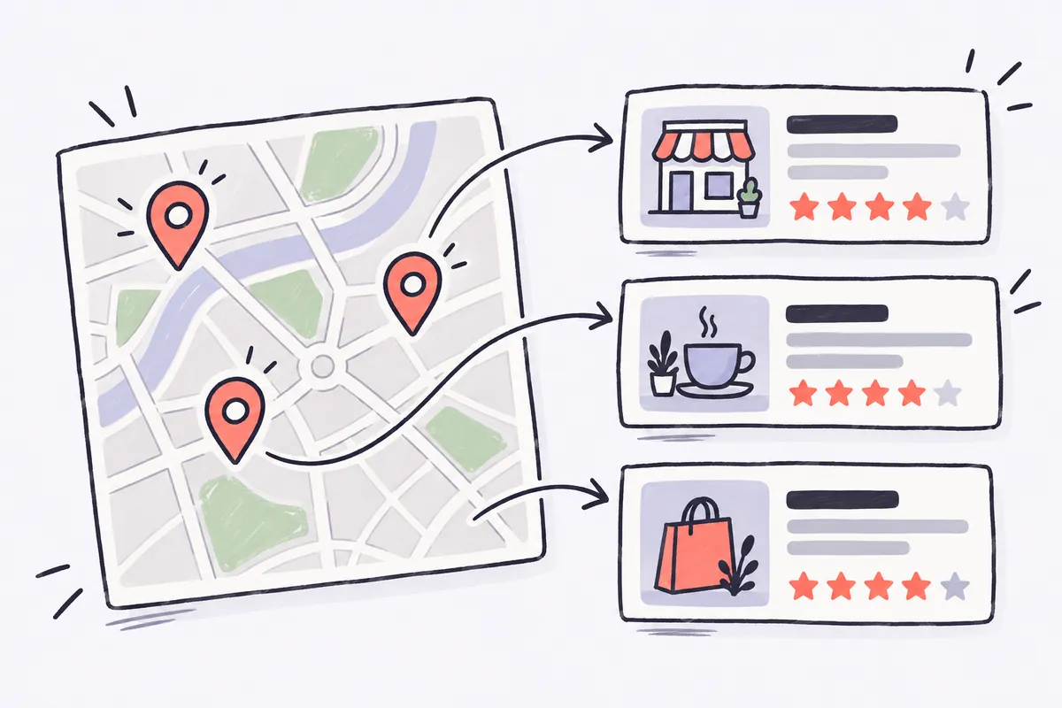 Schéma du pack local Google : une carte avec trois repères, trois fiches d'établissement et leurs étoiles d'avis