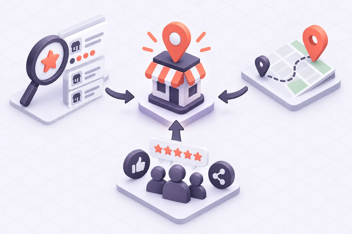 Infographie des trois critères du classement dans le pack local Google : pertinence, distance et notoriété