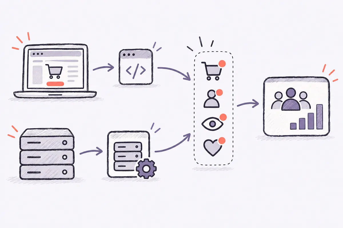 Schéma du Pixel Meta côté navigateur et de l'API Conversions côté serveur envoyant les mêmes événements