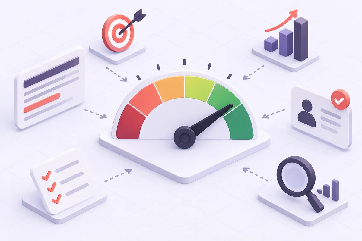 Illustration d'une jauge de Quality Score de 1 à 10 avec l'aiguille dans la zone verte