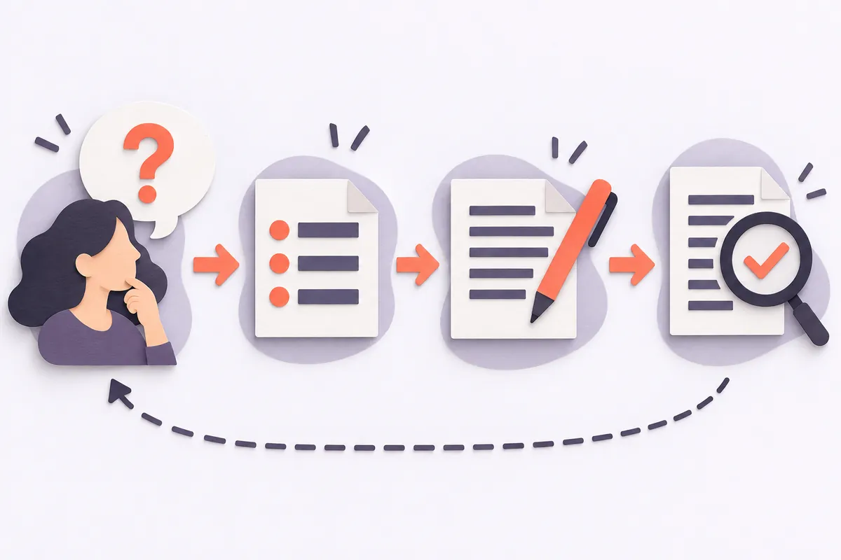 Illustration du passage de l'intention de recherche au contenu rédigé : question, plan, rédaction, relecture