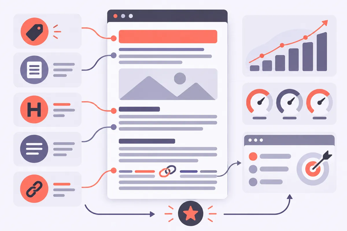 Schéma de la structure d'un contenu web optimisé pour le SEO : titre, chapô, intertitres, paragraphes, liens