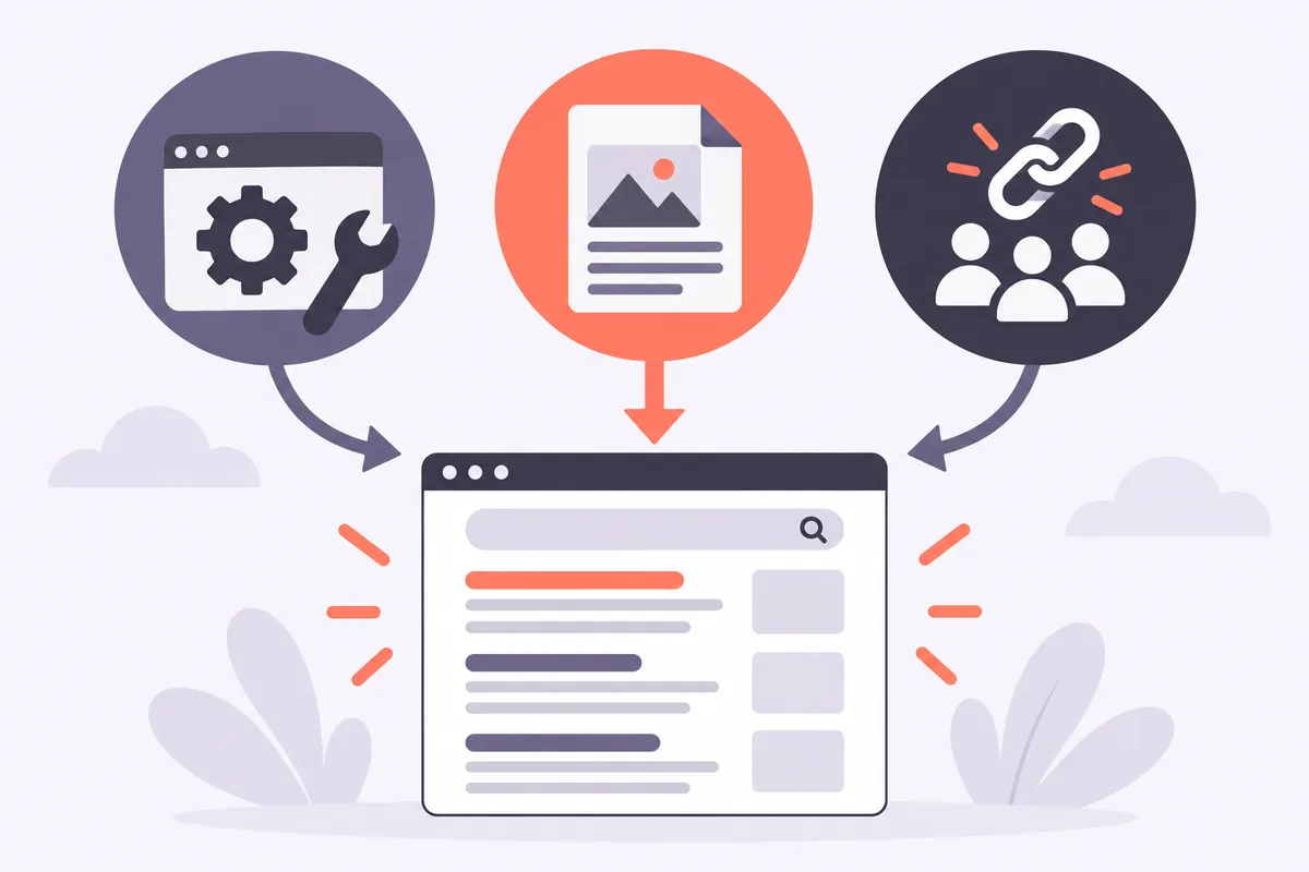 Infographie des trois piliers du référencement d'un site d'entreprise : technique, contenu et popularité, reliés à une page de résultats stylisée