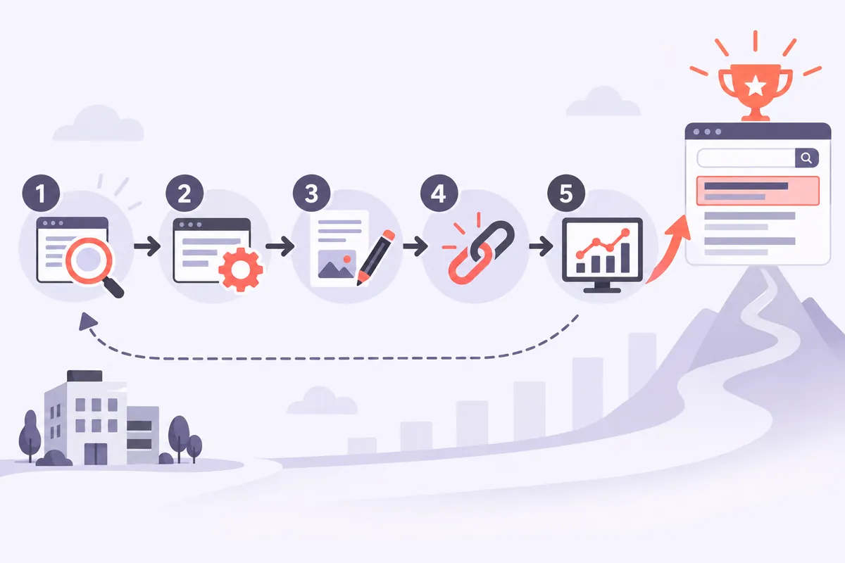 Illustration du parcours d'un site d'entreprise vers la première page de Google : audit, optimisation, contenus, liens, suivi des positions