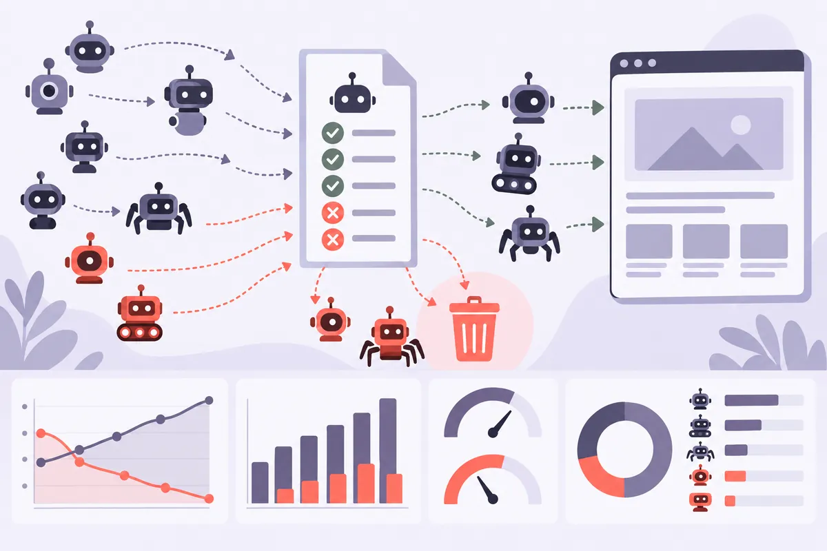 Schéma des crawlers IA filtrés par le fichier robots.txt : robots autorisés et robots bloqués à l'entrée d'un site