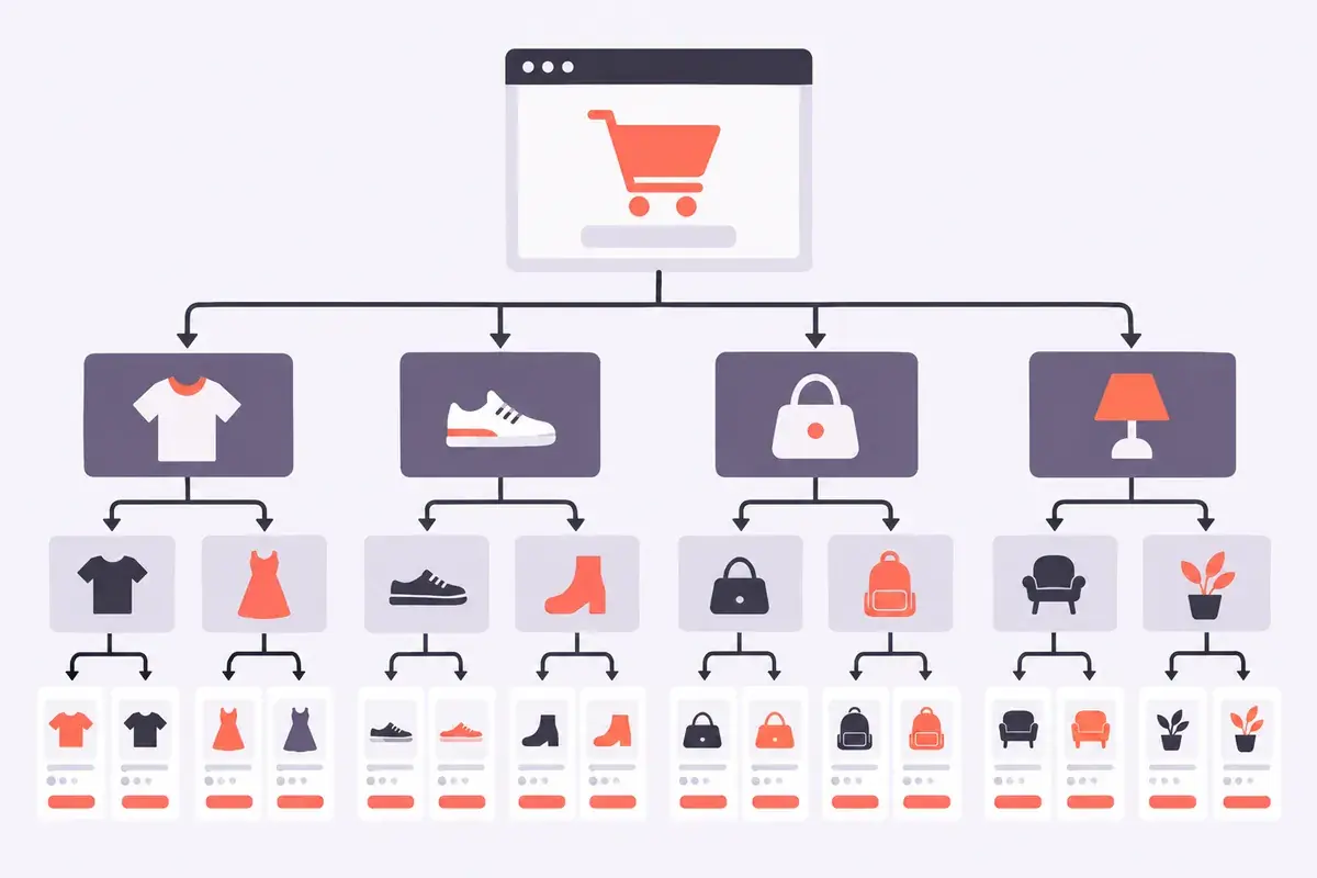 Schéma d'une arborescence e-commerce : catégories, sous-catégories, fiches produits