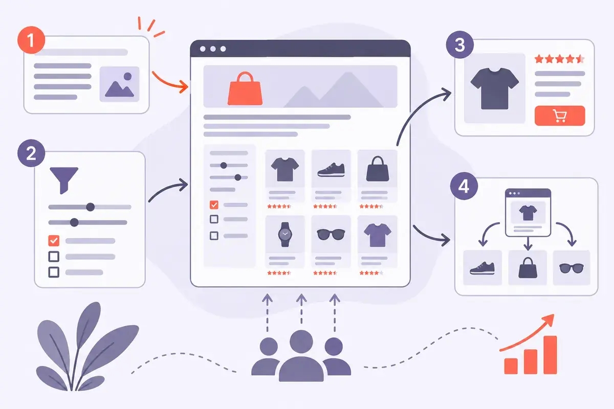 Illustration d'une page catégorie e-commerce optimisée : texte d'introduction, filtres, produits, maillage
