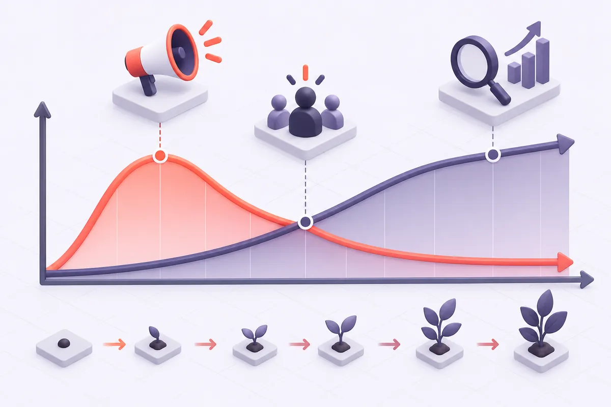 Graphique de complémentarité entre SEO et Google Ads : trafic payant immédiat relayé progressivement par le trafic naturel