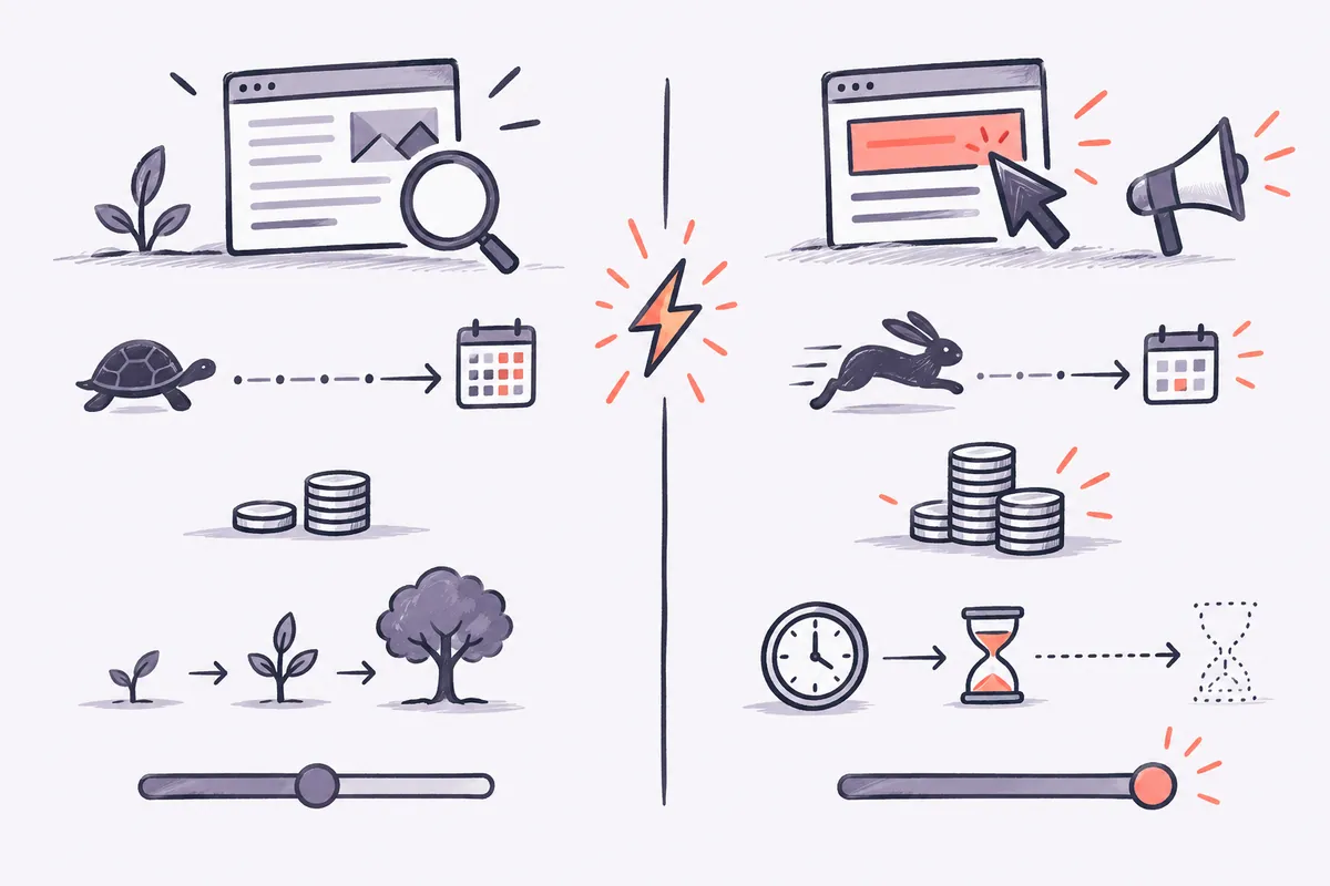 Schéma comparatif entre SEO et Google Ads : délai, coût, durée de l'effet, contrôle