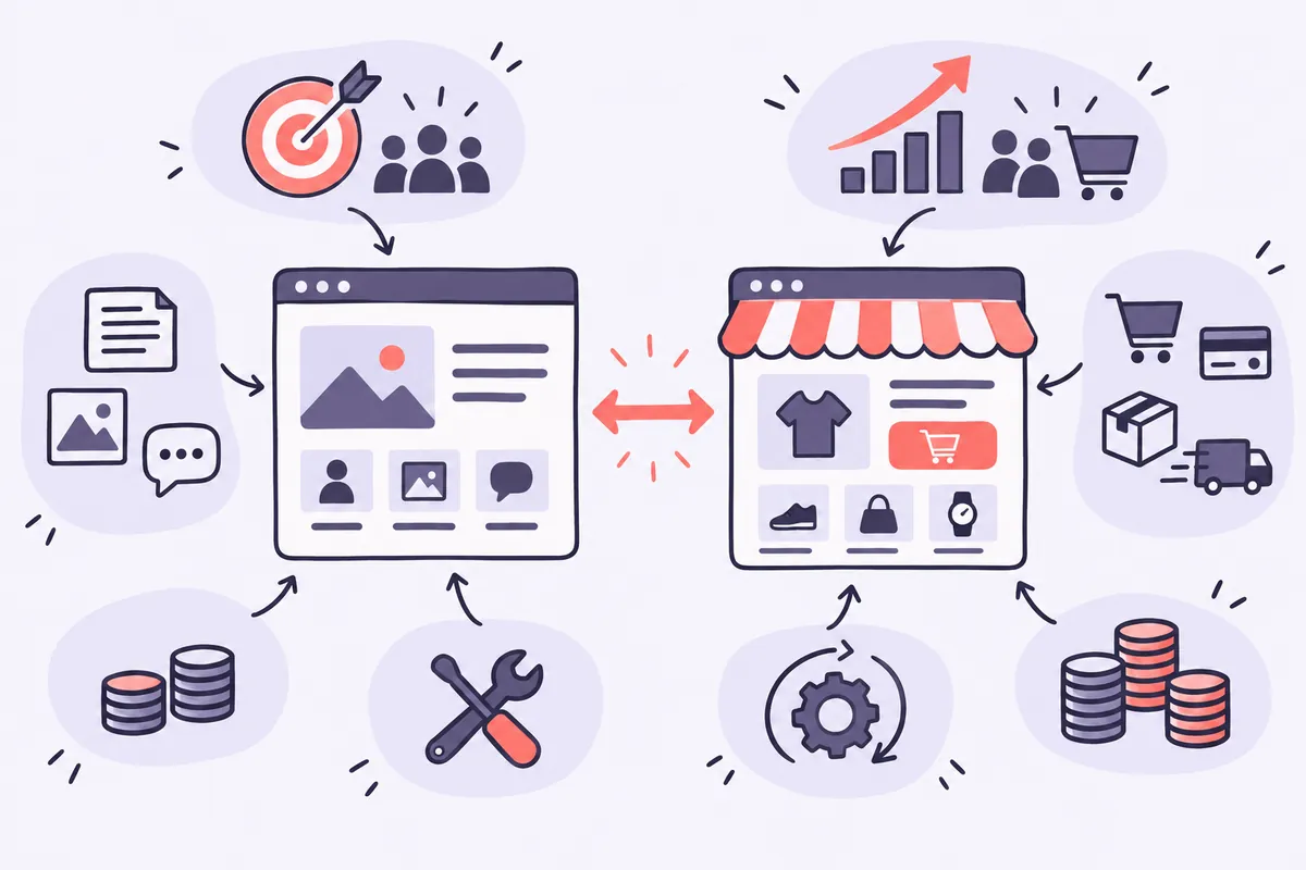 Schéma comparant un site vitrine et un site e-commerce : objectifs, fonctionnalités, budget, maintenance