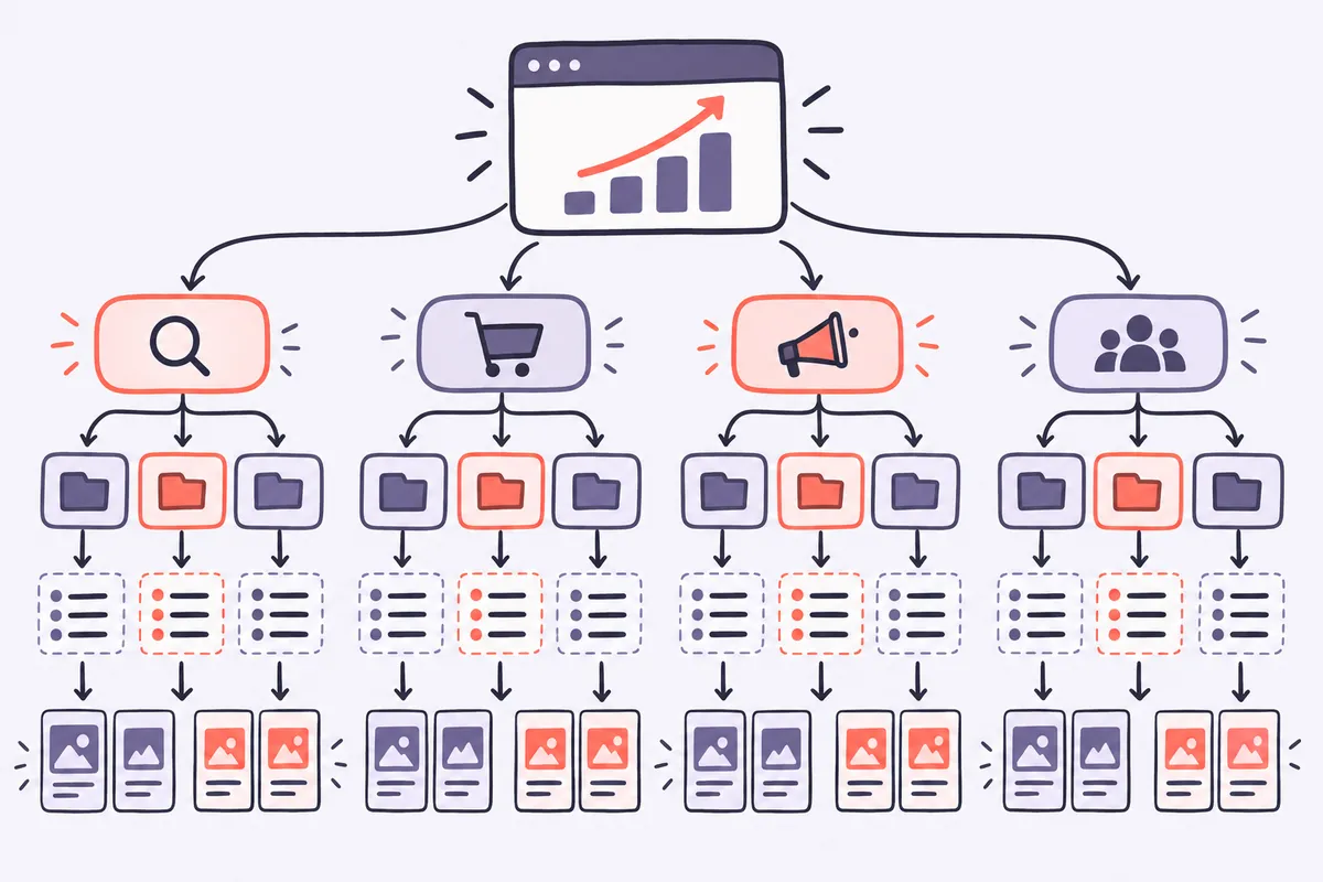 Schéma de l'arborescence d'un compte Google Ads bien structuré, campagnes classées par intention