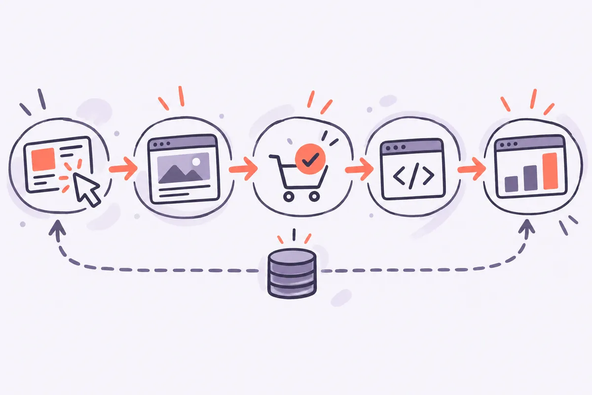 Schéma de la chaîne du suivi des conversions : clic, visite, action, balise, remontée dans Google Ads