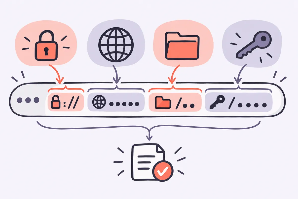 Schéma d'une URL SEO-friendly : protocole, domaine, répertoire, mot-clé court en minuscules