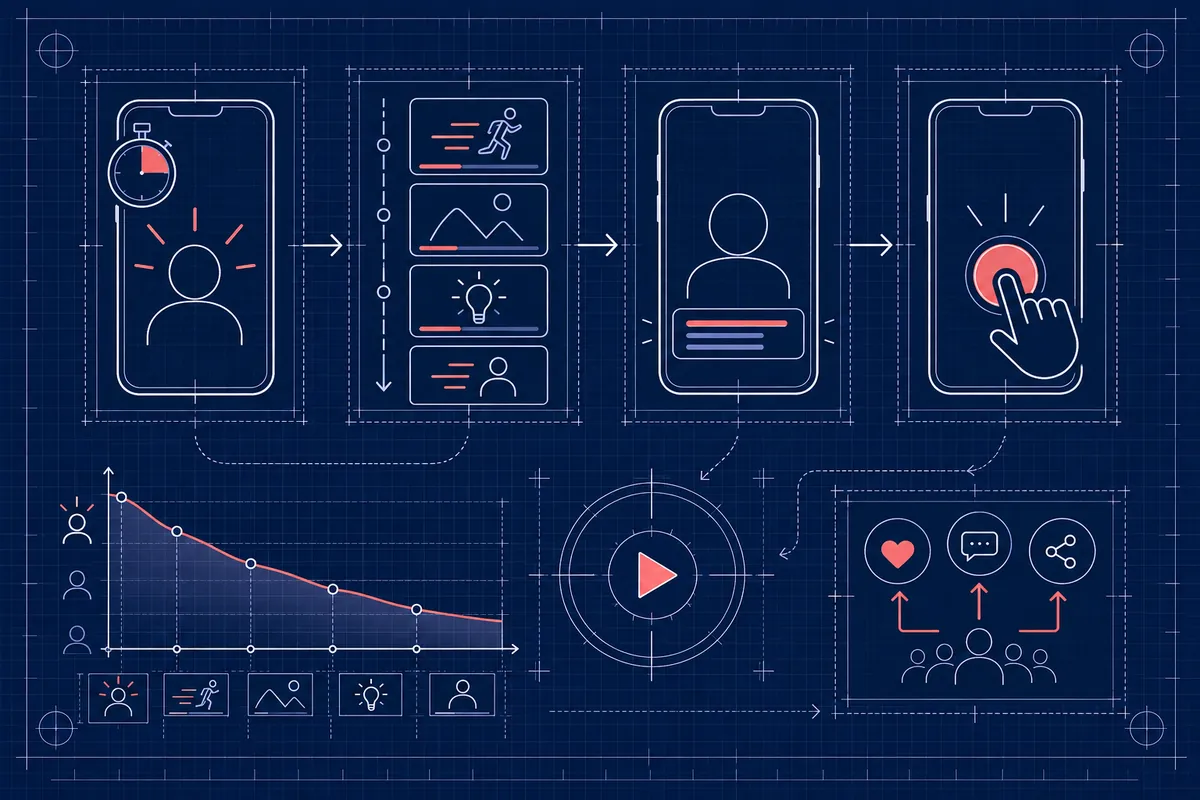 Infographie d'une vidéo courte qui retient l'attention : accroche des premières secondes, rythme, sous-titres, appel à l'action