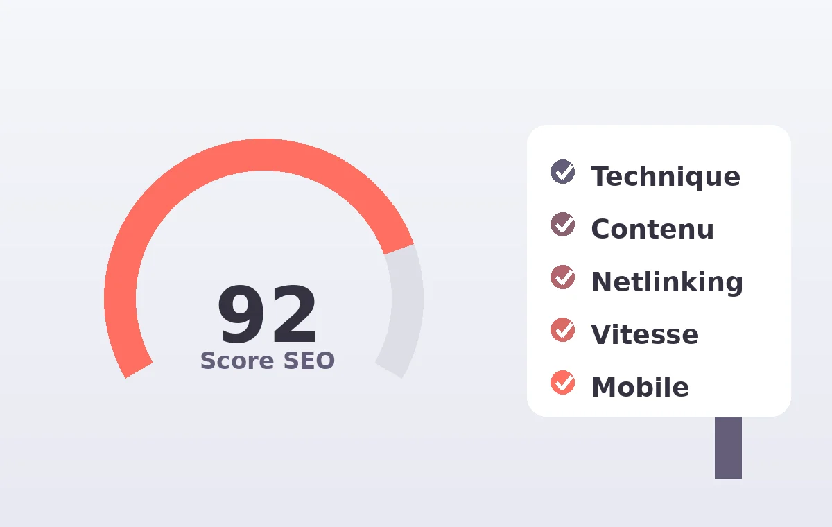 Tableau de bord d'audit technique SEO à Lille : score global, gauge de performance et checklist des points de contrôle