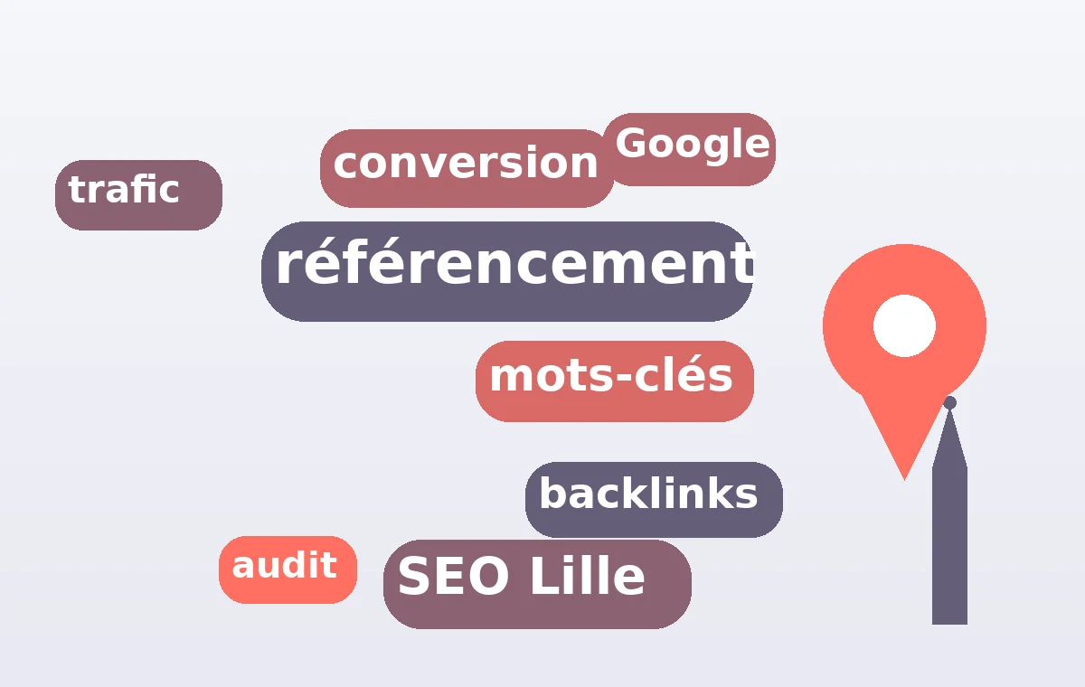 Recherche de mots-clés pour le référencement à Lille : nuage d'expressions clés et repère géographique sur la métropole lilloise